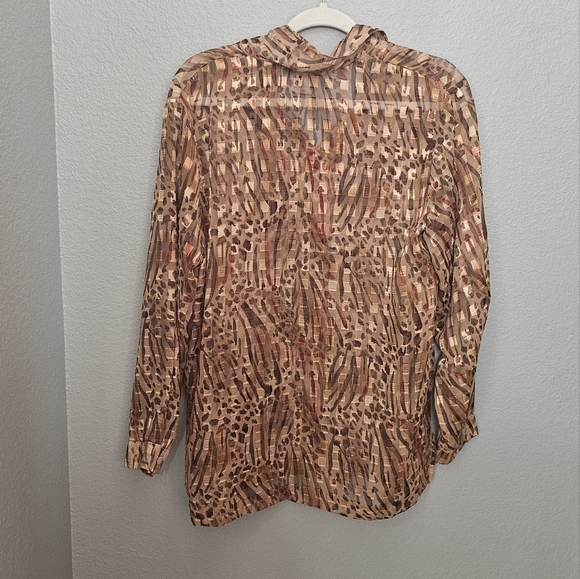 Sheer Gold Tone Animal Print Button Up Blouse Size Medium petite - Picture 3 of 6